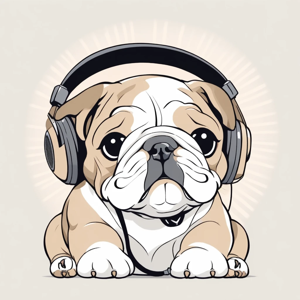 Cute bulldog puppy with headphones