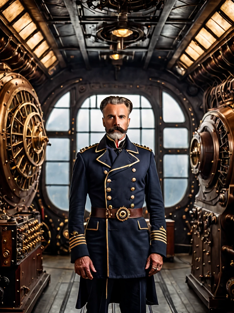 photo focus on male focus, indoors, realistic scenery, (captain nemo:1.1), generator room, van der graph generator, lightening, loaded military uniform, steampunk nautilus-style. very wide shot, character photo portrait, film, professional, highly detailed,