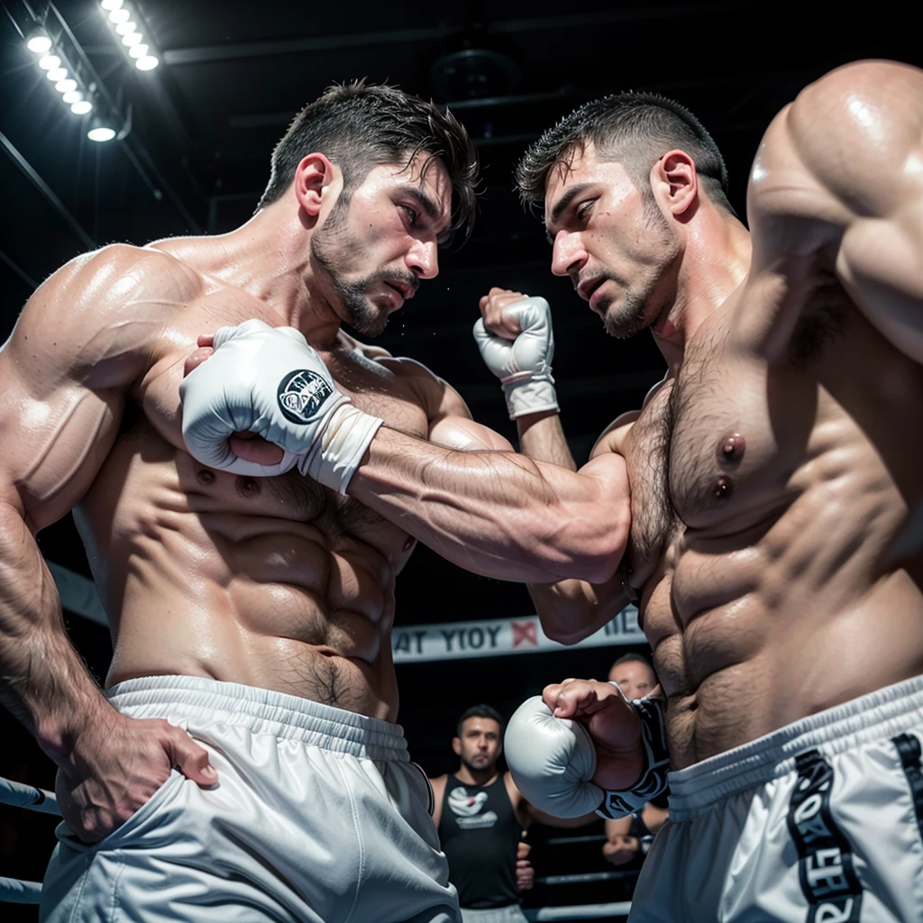 hairy Italian daddy muscle boxing with a strong  and colossal arms and biceps, he wear a oversize white boxing gloves fighting with his adult  in a close fight, he is teaching to boxing in a small boxing gym with large mirrors where they reflect. They both look tired and sweaty. both are muscular, hairy and stronger. they are huge and be hug, sweat over his bodies