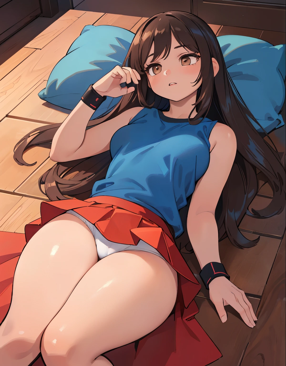 A sleeping girl on a cloud, lying down, full body, 1trainerleaf1, sleeveless shirt, black wristbands, visible thighs,thick thighs,red skirt,blue shirt, brown eyes, pantyshot, white , beautiful detailed eyes, beautiful detailed lips, extremely detailed face, long eyelashes, perfect hands, soft glowing skin, touching her hair, (best quality,4k,8k,highres,masterpiece:1.2),ultra-detailed,(realistic,photorealistic,photo-realistic:1.37),digital art, detailed illustration, dramatic lighting, warm glowing colors, cinematic lighting, dreamlike atmosphere