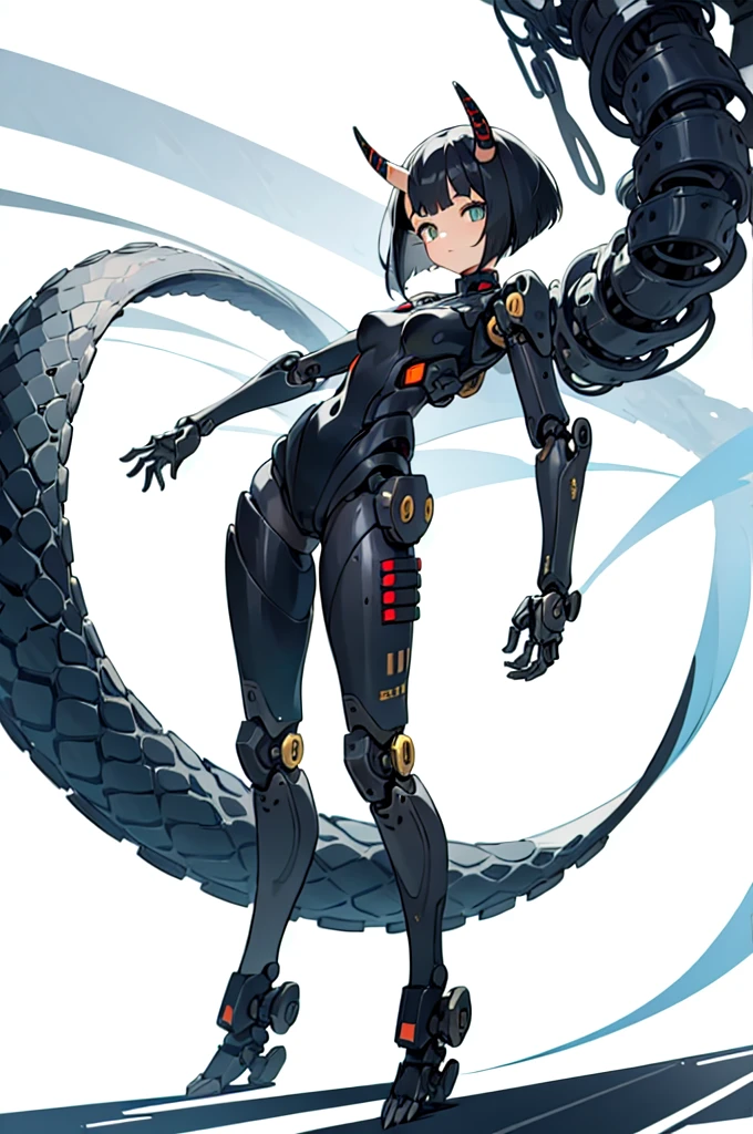 (finely best quality illustration:1.2), (1girl, solo:1.0), (black short hair:1.0), (masterpiece, ultra high quality), (standing), (full body), (1girl), (solo), (female focus), (furry), (Anime art style), (Singular, large horn on the left side of her head), (half human/half snake hybrid female), (Messy bob-cut with bangs), (big eyebrows), (organic snake tail sticking out of ass) (Cute anime snake eyes), (mechanical limbs attached to limbless female body), (mechanical exo-suit with mechanical limbs)