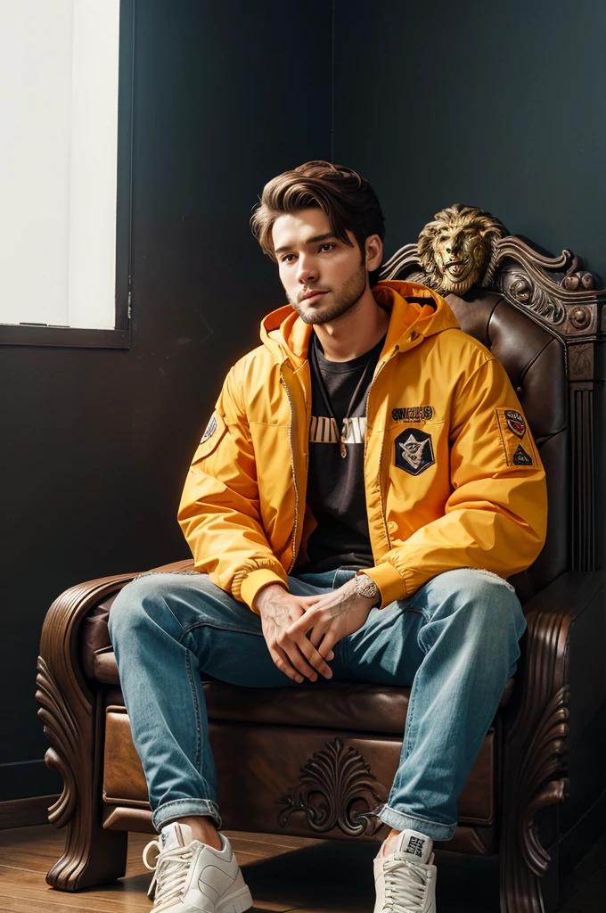 Create a 3D illusion for a profile picture where a cute 25 year old boy in a yellow jacket is sitting comfortably on a King of Beasts throne chair. With a rifle in his hand. And a ferocious lion beside me. Wearing sneakers, he looks ahead. ” RUVRAN ” is written in large, orange neon light font on the dark brown wall in the background. He has no shadow and also has wings to make it look like he is an angel.