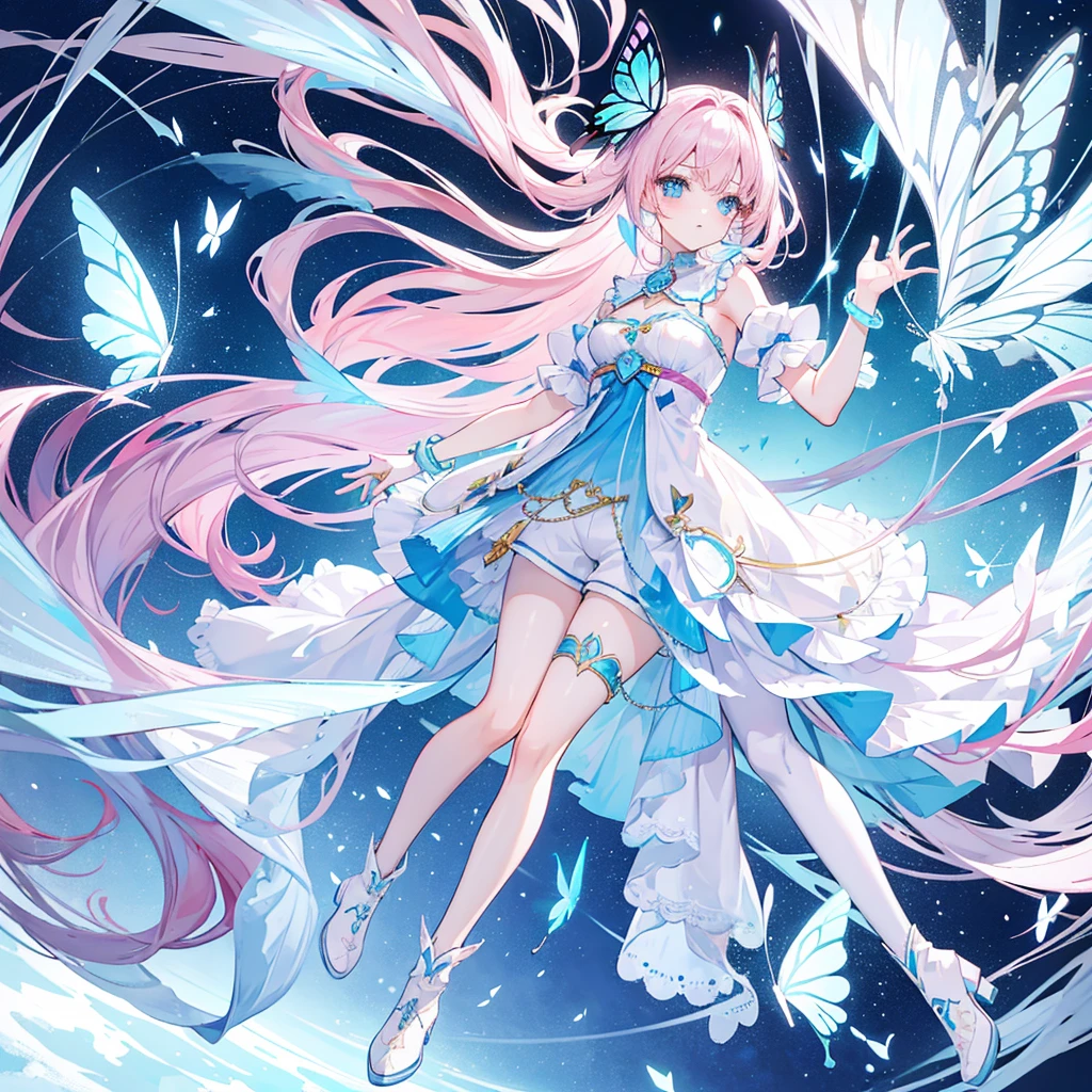 A heroine with long loose light pink hair and shiny blue eyes. Her costume is a white and blue blouse and shorts. Butterflies color past flying all around her. Flat chest, pretty blue bracelet. Full body shot. White boots. Cute bangs. Long flowing hair. White mask that covers her upper face. Butterfly ornament.