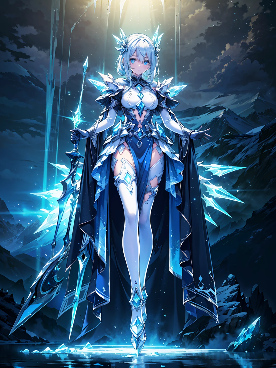 (((masterpiece, best quality, high detailed, 8k))) Design a layout showcase Gaming character, (1girl). Blue|White clothes, stylish and unique. ((showcase weapon:1.4)), ice spear. (masterpiece:1.2), (best quality), 4k, ultra-detailed. (Step by step design, layout art:1.5), (luminous lighting, atmospheric lighting). ice queen, ((glove full hands)), (((revealing clothes:1.3))), vambraces, armored legwear, (((full_body_shot:1.4))). {On a frozen lake}.
