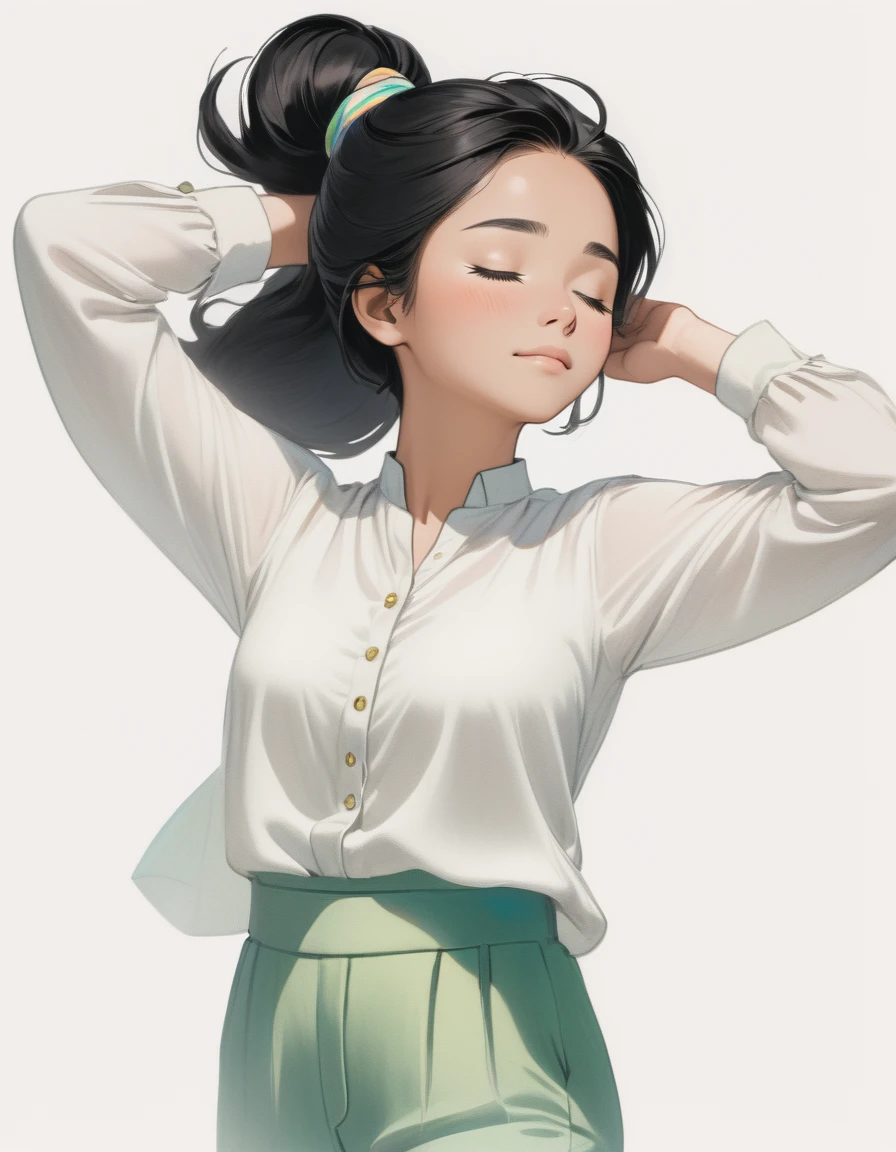 A 25-year-old black-haired Malaysian woman closes her eyes and stretches her hands toward the sky. White background, hair tied above the neck. Colored pencil drawing. White blouse and pants. From head to shoes. Whole body.