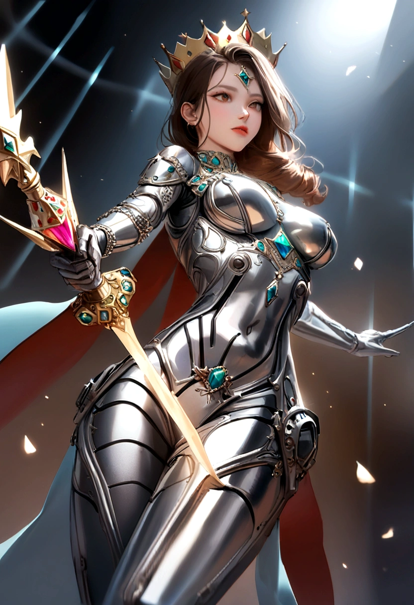 (masterpiece), professional, Top quality, Photo-realistic, Depth of Field (Gemstone Silver Metal Body:1.9),Matte white, gold weapon (Metal:1.4), 华丽的Metal武器, Sword of the Brave, Nice knife   , Warhammer 40k, Gained sisterhood, Details and gorgeous jewelry crowns, Brown hair, Gungar forest background, Beautiful Caucasian beauty, 1 person, Dynamic Angle, (((A delicate and gorgeous diamond crown))), Light Particles,