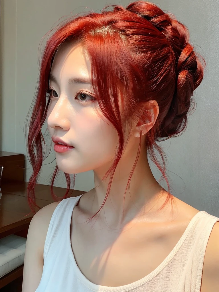 Korean with long red hair, selfie and hair up