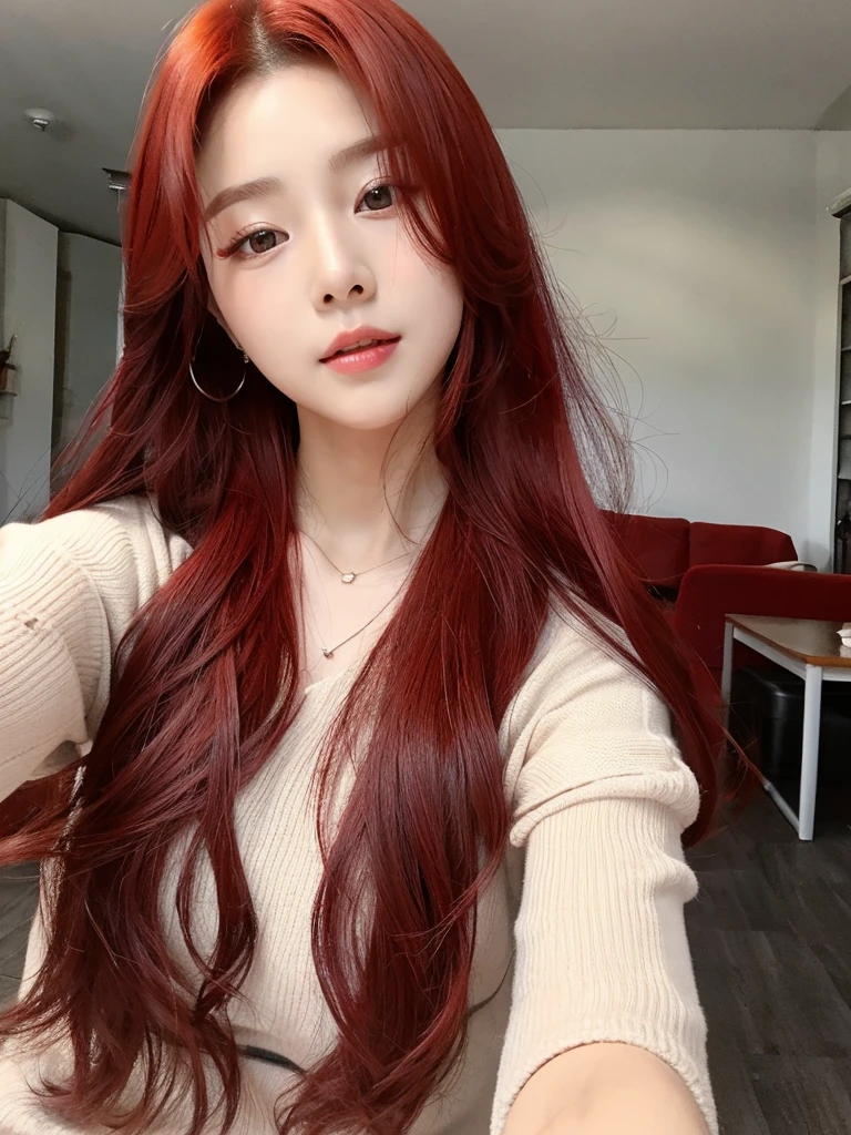 Korean with long red hair, selfie and hair up