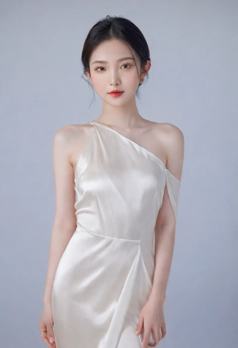 A young Asian woman poses elegantly in a photo, wearing a silky white shoulder dress that clings to her slender, aristocratic figure. Her posture is seductive, exuding an air of sophistication and beauty. The dress is of the best quality, flowing gracefully and highlighting her pale white skin. The overall appearance is one of refined elegance, capturing the essence of an attractive, noble-looking individual.