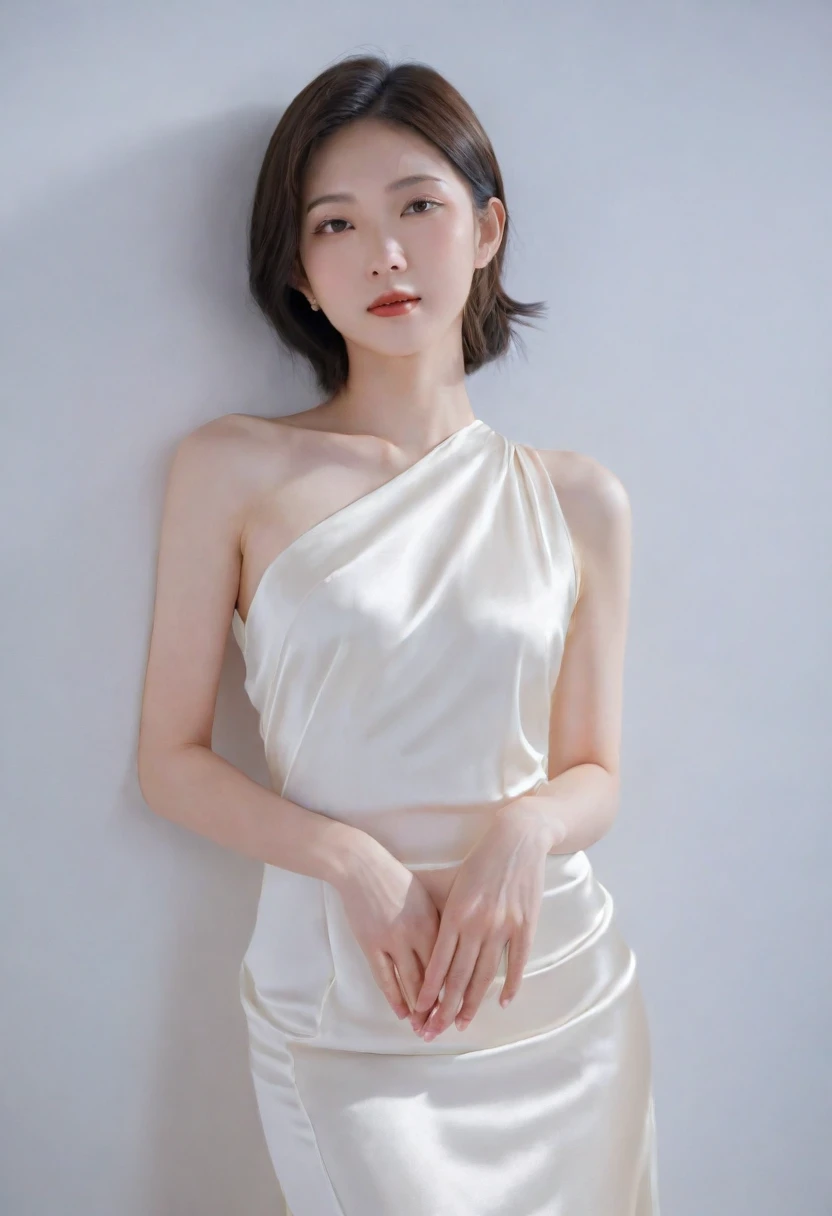 A young Asian woman poses elegantly in a photo, wearing a silky white shoulder dress that clings to her slender, aristocratic figure. Her posture is seductive, exuding an air of sophistication and beauty. The dress is of the best quality, flowing gracefully and highlighting her pale white skin. The overall appearance is one of refined elegance, capturing the essence of an attractive, noble-looking individual.