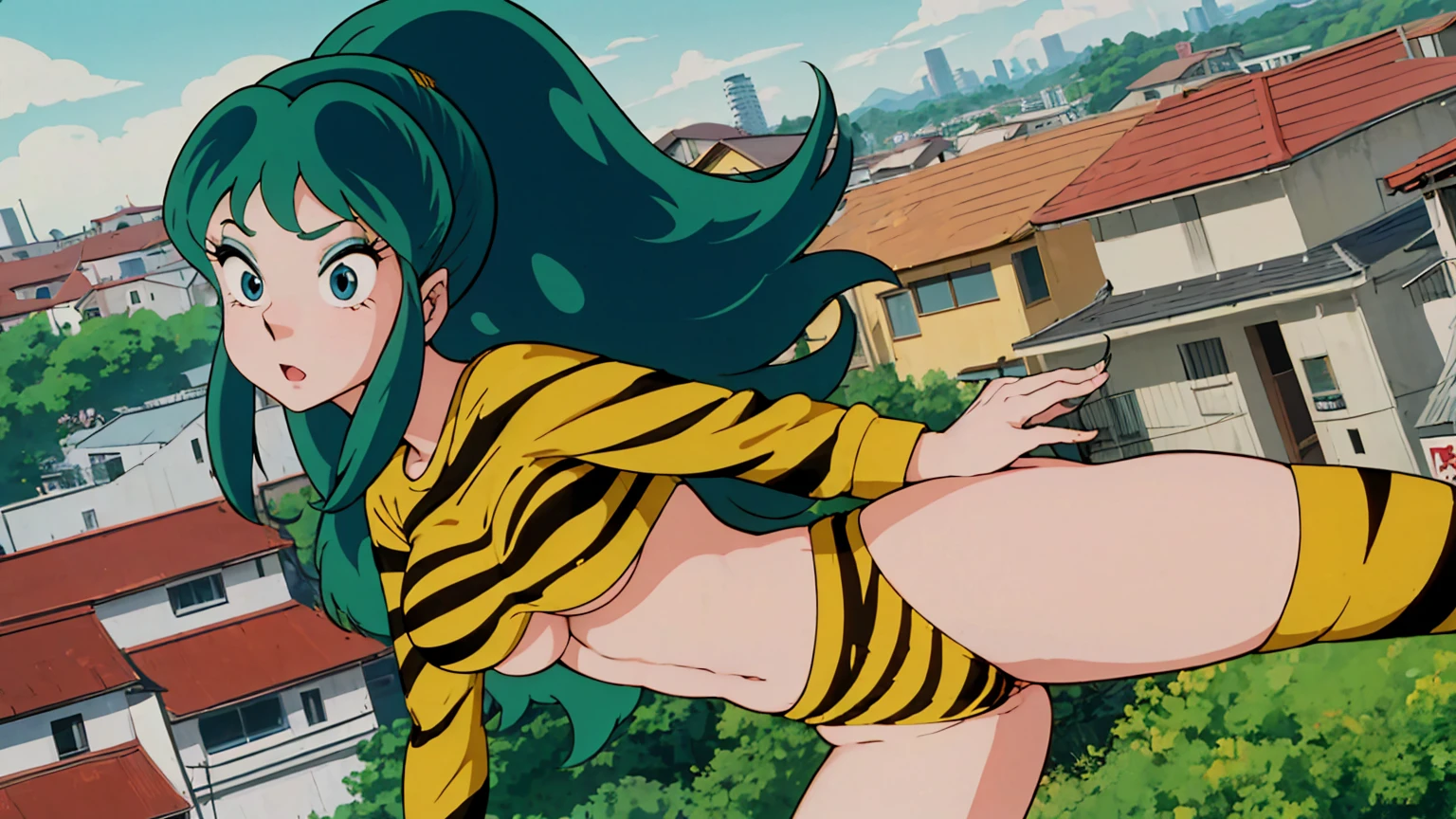 score_9, score_8_up, score_7_up, lum, solo, retro artstyle, 1980s style, breasts, blue eyes, eyeshadow, green hair, bangs, aqua hair, tsundere, dynamic angle, large breasts, large ass, loose cropped tiger-stripped sweatshirt, underboob, (cameltoe:0.6), skinny, thong, flashy clothing colors, textured clothing, embarrassed, japanese garden, bright sunny background, ExpressiveH, scenery, ultradetailed, highdefinition, ((flying, floating in air, anime japanese town, fly over houses, floating hair, wide view, from far)), pout, sparkling eyes, emotional expression, vintage comic style, pout,  sparkling eyes, crazy eyes, fangs, drunk, motion blur, wide shot, motion blur, wide shot, crazy smile, horny,