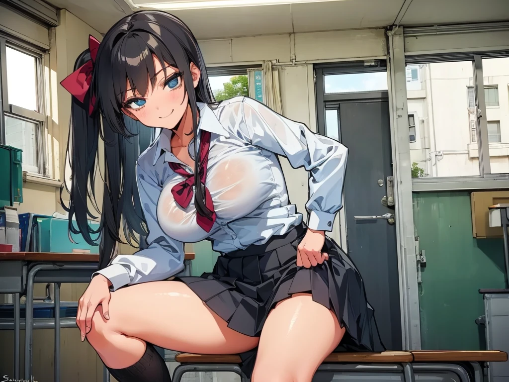 high school student、Women、School classroom、(Big Breasts)、smirk、curvy、(((((1 girl)))))、(from below)、With a cheek cane、