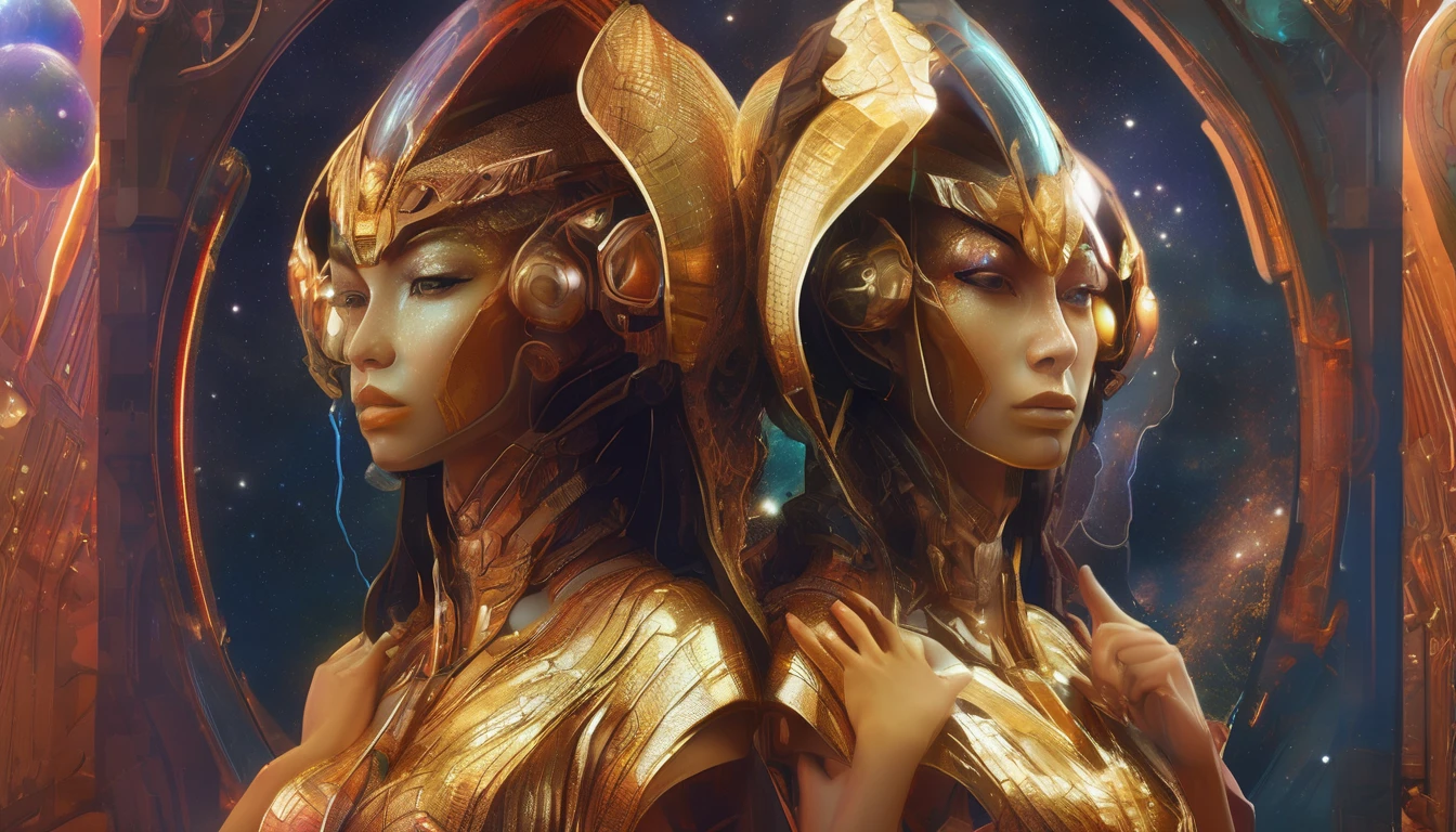 Future female high-dimensional aliens from another dimension,Cosmic,Powerful magic from an unknown dimension,Front bust,Busts and hand portraits,Frontal image,