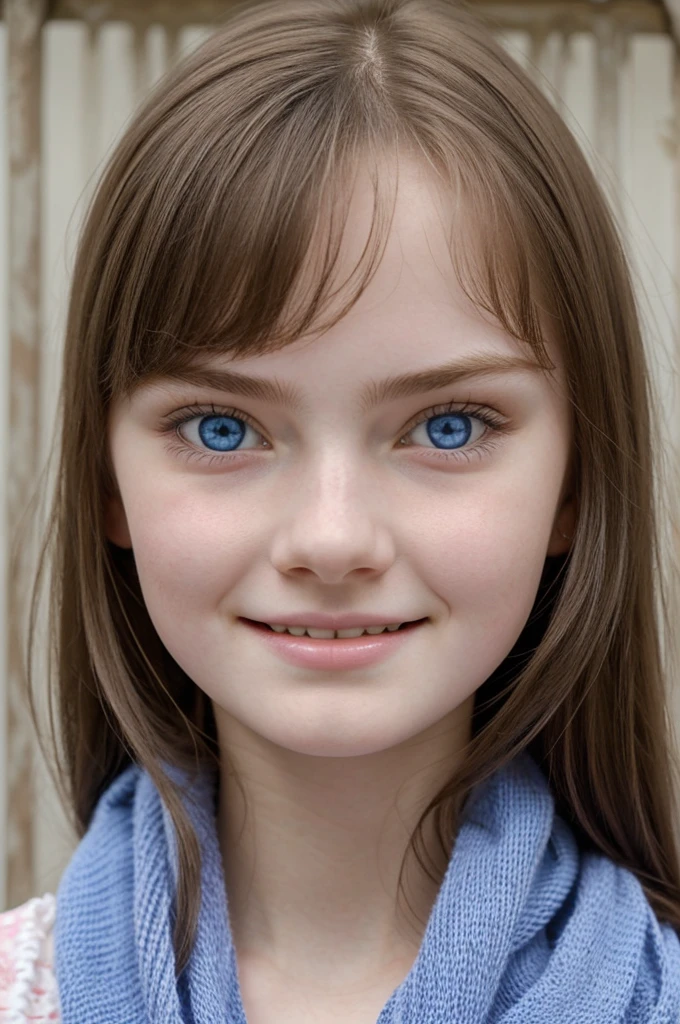  girl, look young and beautiful, pale white skin, rosy cheeks and lips, scary crafty smile, big striking blue eyes, eyes look like cat eyes, mugshots, straight angle, shawl 