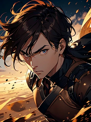 mens,Big Head,Dark brown main color image,Brown clothes,Upper body portrait,A stable and energetic look,Flowing Hair,Kind eyes,The background is the wind and sand of an ancient battlefield.,Ultra-clear image quality,8K ultra-high resolution,martial arts style clothing。
