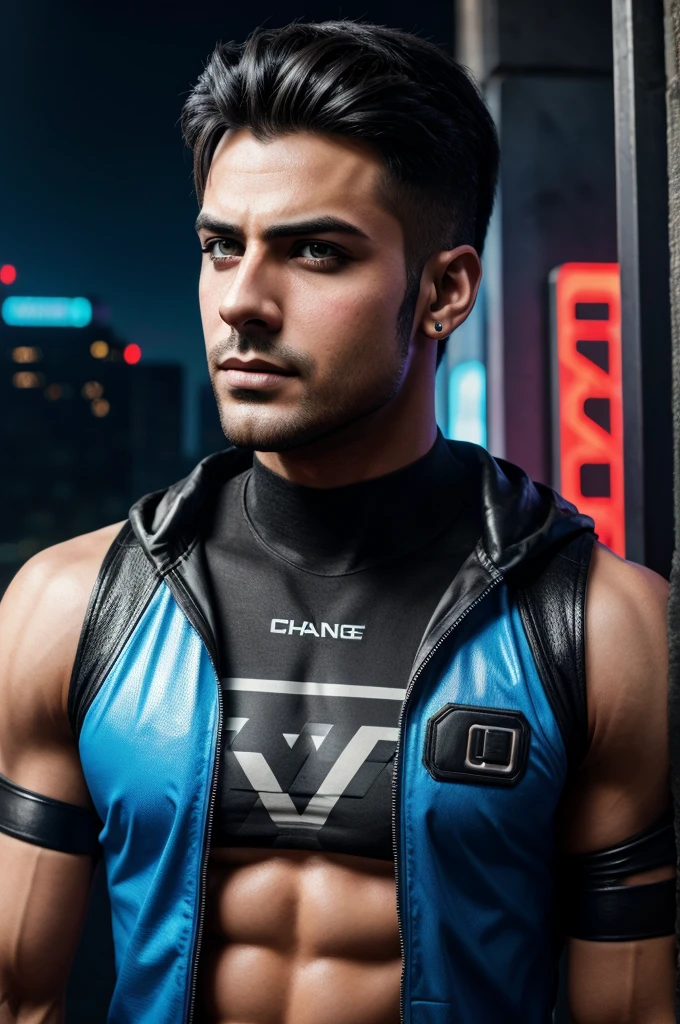 Change background cyberpunk handsome boy, realistic face, 8k, ultra realistic,his tshart,printed, nitin name