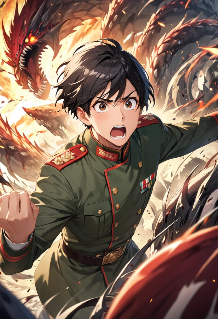 1 young man、Kakoi、Black Hair、Brown eyes、Green military uniform、Being attacked by monsters、Fearful expression、sense of urgency