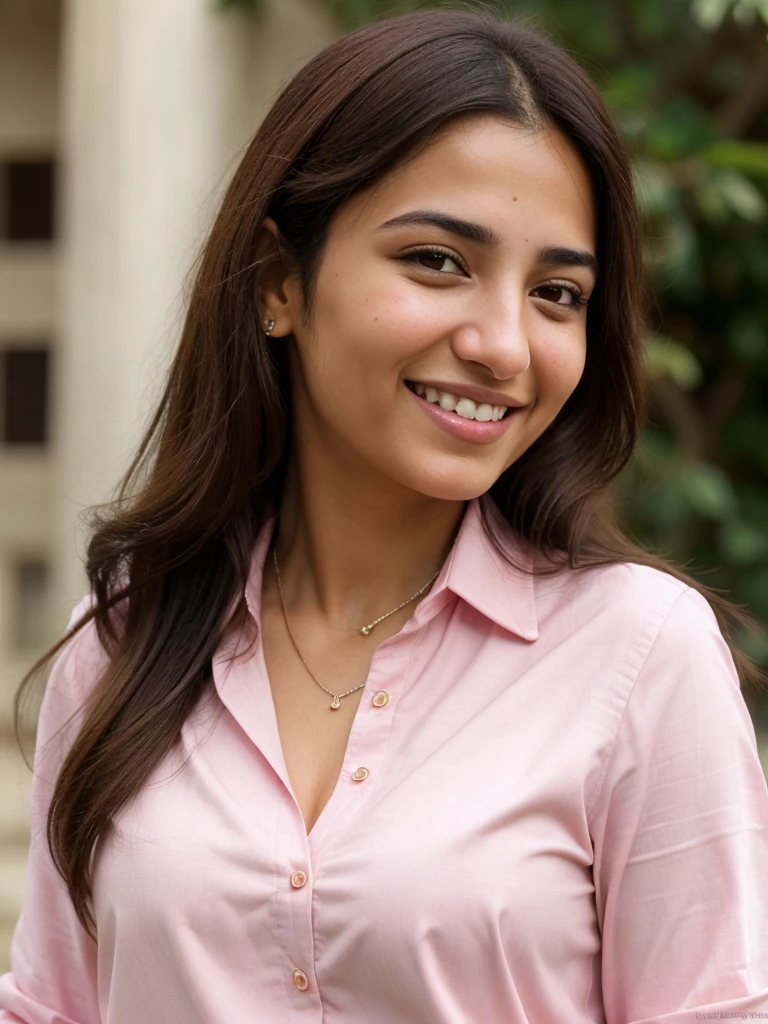 very high resolution, realistic Arab women, pink shirt, white teethes, cute smile, long brown hair, realistic facial details, modest, white skin