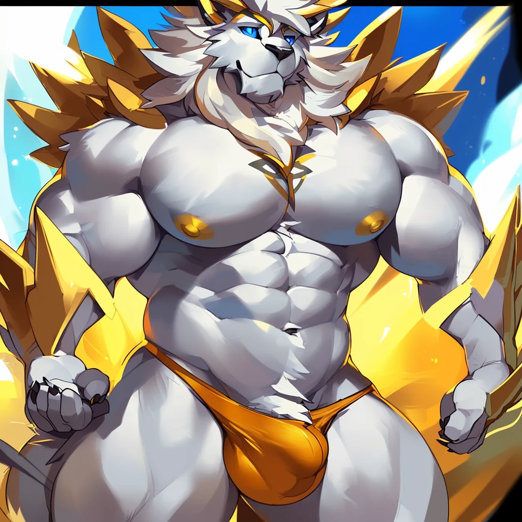 Solo, Anthro, male (((solgaleo, lion, blue sclera, muscular, big pecs, abs, yellow , white fur, black body, black nose, multicolored body, multicolored fur, multicolored mane, white mane, mane, grey pecs, black , black abdomen, white arms, white legs, 5 fingers, tail, white tail, yellow tipped tail, markings, orange tipped mane, orange speedo, big bulge))) standing, pokemorph, biped ((focus grey abdomen, focus solgaleo, focus grey )) full body, perfect , by darkgem, by mystikfox61, by glitter trap boy