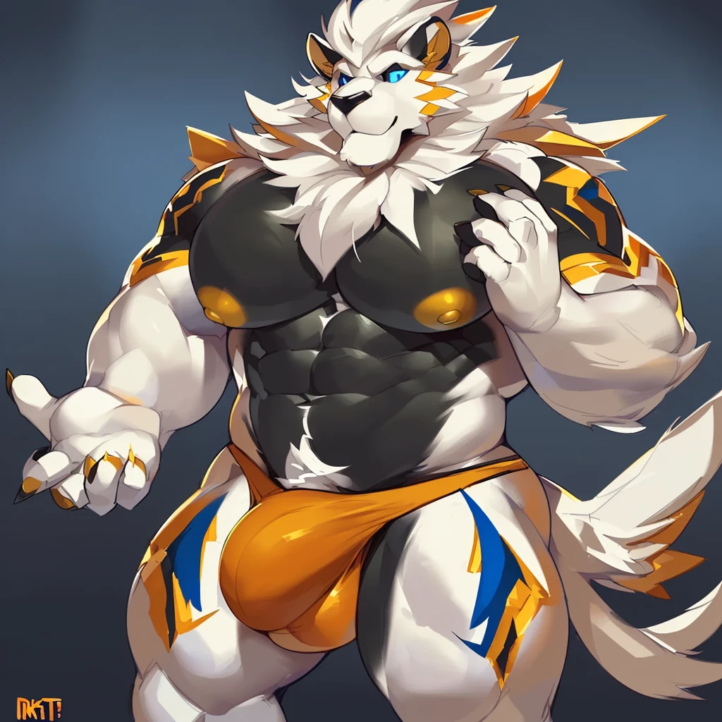 Solo, Anthro, male (((solgaleo, lion, blue sclera, muscular, big pecs, abs, yellow nipples, white fur, black body, black nose, multicolored body, multicolored fur, multicolored mane, white mane, mane, grey pecs, black chest, black abdomen, white arms, white legs, 5 fingers, tail, white tail, yellow tipped tail, markings, orange tipped mane, orange speedo, big bulge))) standing, pokemorph, biped ((focus grey abdomen, focus solgaleo, focus grey chest)) full body, perfect anatomy, by darkgem, by mystikfox61, by glitter trap boy