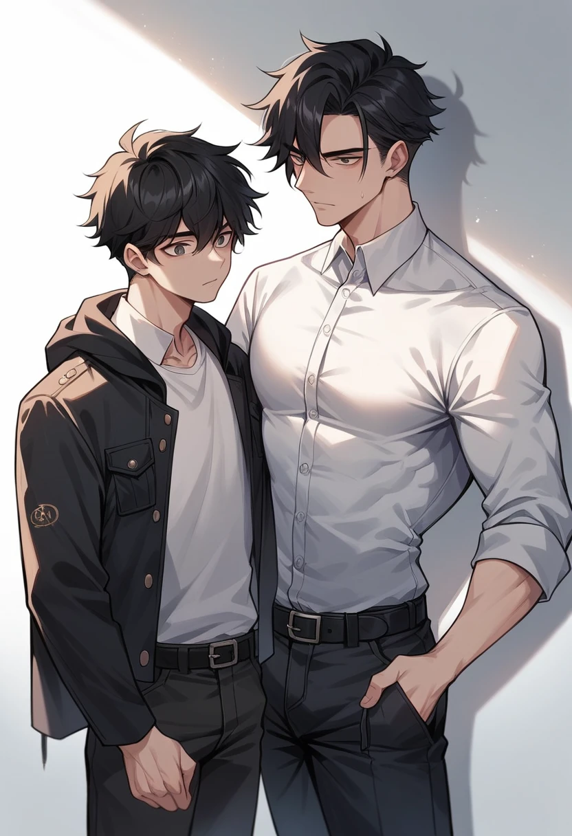 A Korean man,age 25,Cao Cao,1.80 tall,black hair in Comma hair style,skin fair,eyes black,with a black blouse,black belt and black pants,with a jacket on your arm.