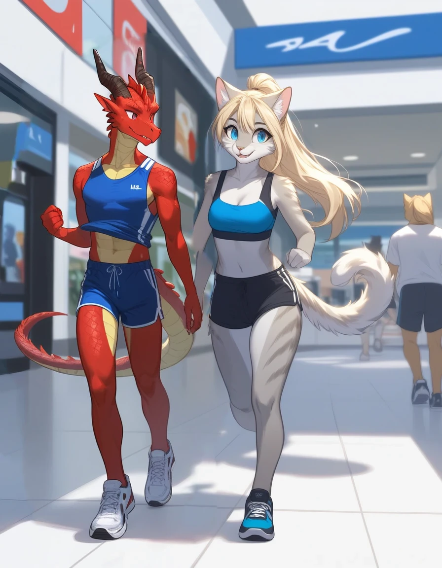 Score_9, score_8_up, an anthro dragon male, tall, athletic body, black dragon male, two toned body, red ok body, red eyes, he is wearing a blue sports jersey and brown khaki shorts with white sneakers, walking in a strip mall, blend in with image