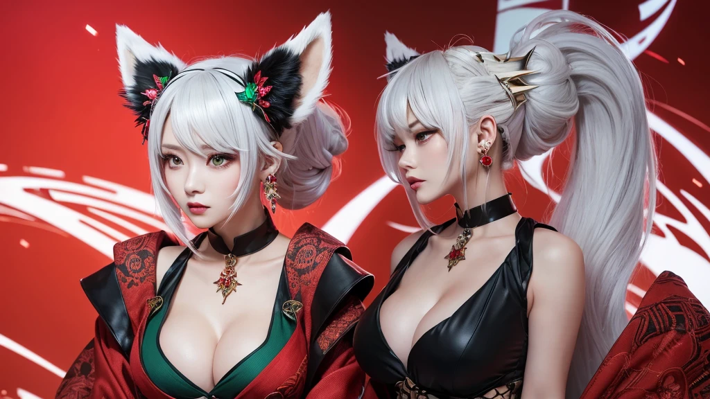 Ultra high definition。Full body drawing is required。Sitting flat。Enraged, he turns his face away。Red shoulder-baring kimono。Emerald Cyberpunk World Background。Rear camera high angle  zoom up。Mature Woman。White hair with fox ears。Emphasizing the  of 。Earrings。necklace。brooch。Many hair accessories。