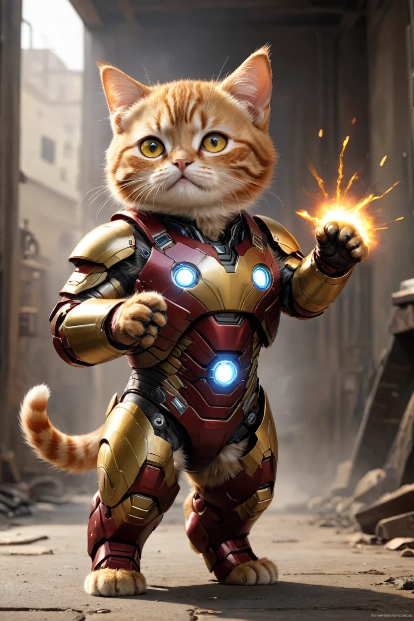 small, There are no humans in this world、The world of anthropomorphized cats、Wearing a full Iron Man suit、Right hand repulsor firing、かわいいbornき物全身, Costumes,、 Fantasy art, Exquisite detail, An anthropomorphic, fat, furry tabby kitten with yellow eyes, Movie Scenes, Dramatic shot angles, , Realistic, born々Amazing cinematic photorealism, Action Portrait, 8K, detailed, Full Frame