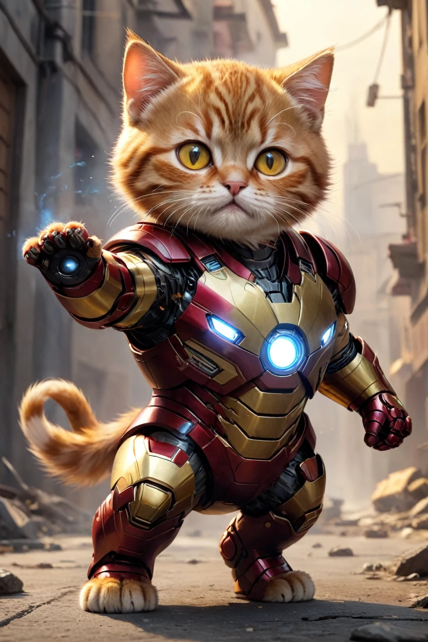 small, There are no humans in this world、The world of anthropomorphized cats、Wearing a full Iron Man suit、Right hand repulsor firing、かわいいbornき物全身, Costumes,、 Fantasy art, Exquisite detail, An anthropomorphic, fat, furry tabby kitten with yellow eyes, Movie Scenes, Dramatic shot angles, , Realistic, born々Amazing cinematic photorealism, Action Portrait, 8K, detailed, Full Frame
