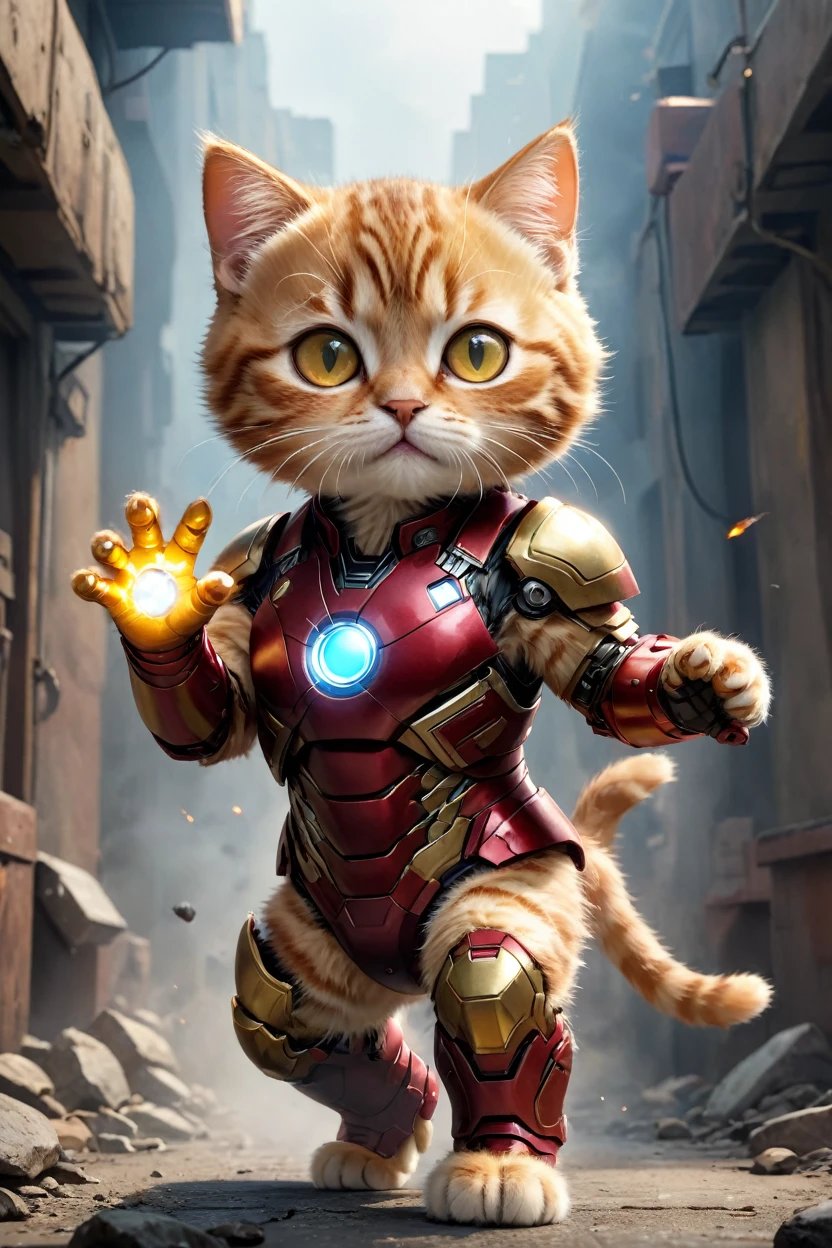 small, There are no humans in this world、The world of anthropomorphized cats、Wearing a full Iron Man suit、Right hand repulsor firing、かわいいbornき物全身, Costumes,、 Fantasy art, Exquisite detail, An anthropomorphic, fat, furry tabby kitten with yellow eyes, Movie Scenes, Dramatic shot angles, , Realistic, born々Amazing cinematic photorealism, Action Portrait, 8K, detailed, Full Frame