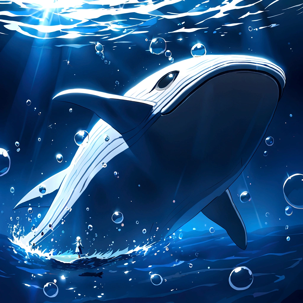 figure：A girl in white swims with a whale at the bottom of the ocean，The whale jumped out, Bubbles around the water surface rise slowly，Oblique sunlight, Prime Time,