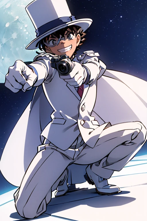 ultra detailed,(masterpiece,4K),white suit,silk hat,((1 boy)),detective conan-kaitou kid,white cape,white leather shoes,white gloves,rooftop,moon night,pointing a gun,get on one knee,monocle,grin