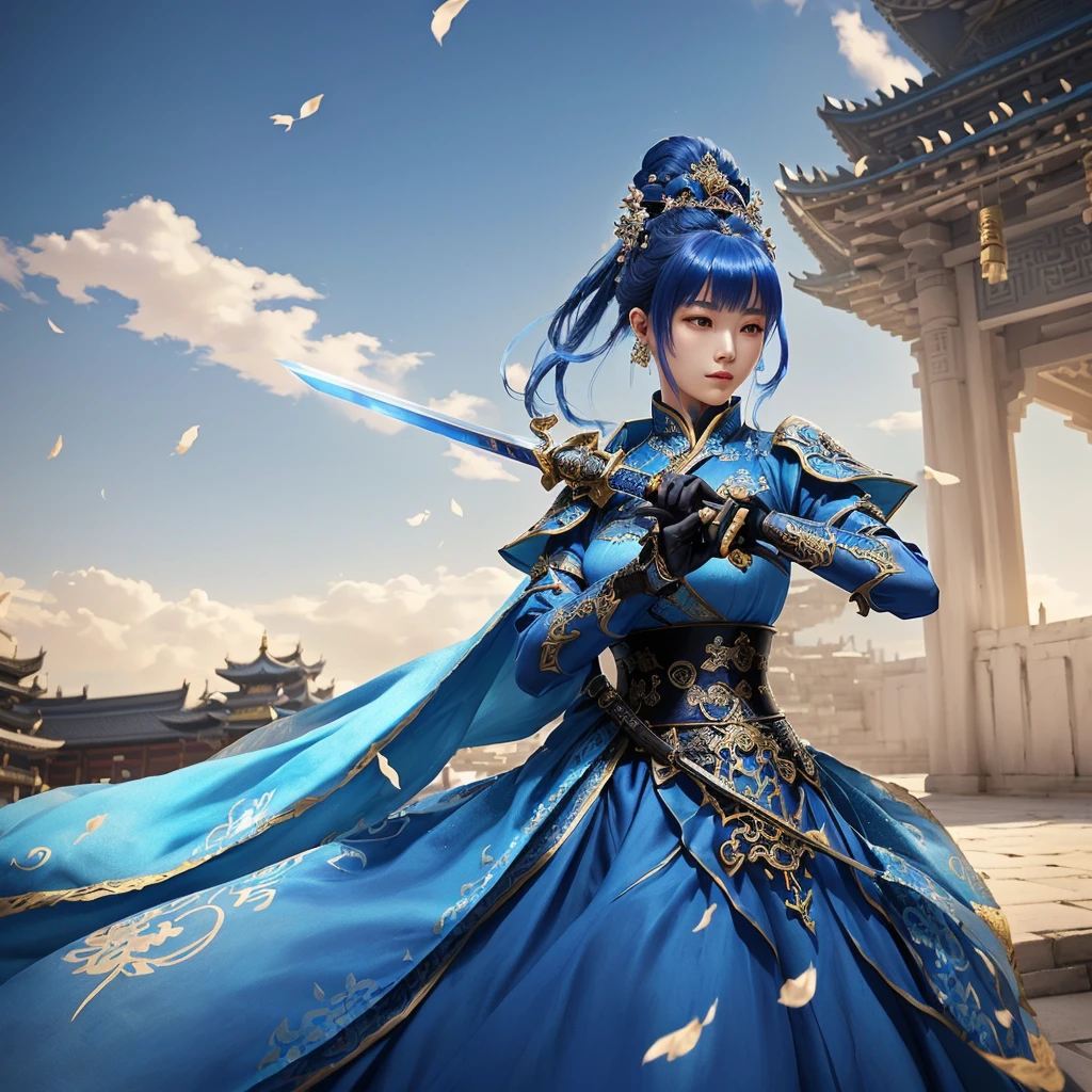 a woman in a blue dress holding a sword in a courtyard, a beautiful fantasy empress, intricate ornate anime cgi style, keqing do impacto genshin, inspired by Leng Mei, 由杨J, 2. anime fantasy art 5 d cgi, ((a beautiful fantasy empress)), palace ， a girl in hanfu, fanart best art station
