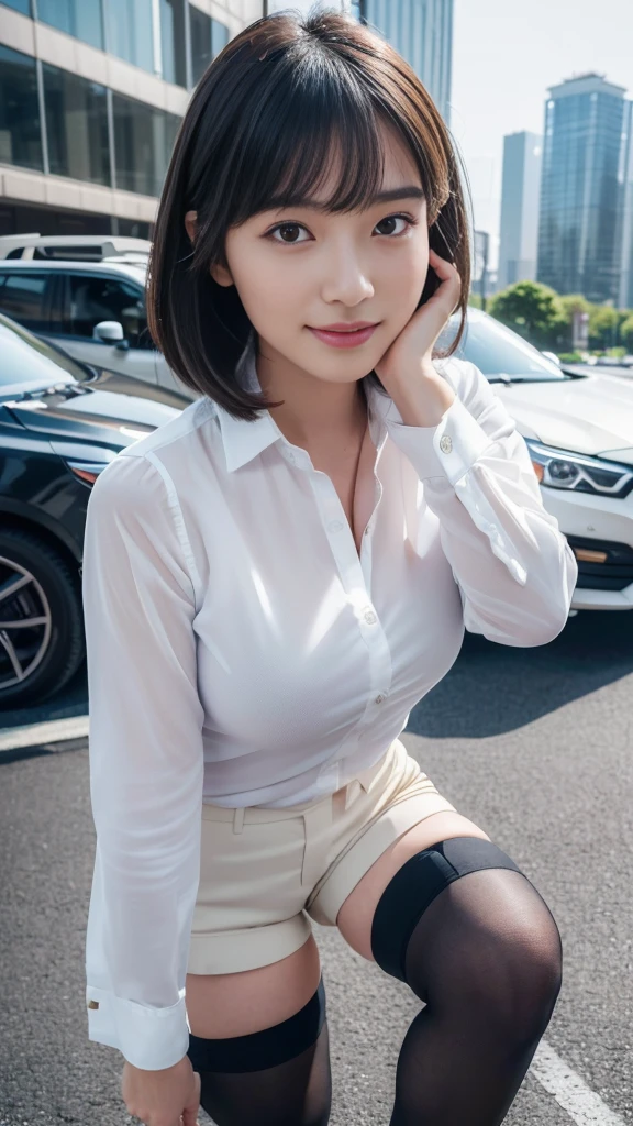 1 japanese girl,medium straight hair,bangs,small face,beautiful cute face,(huge :1.1),narrow waist,neat and innocent girl,
BREAK
(professional stylish snapshot published in fashion magazines:1.2),
(stylish sexy mo woman:1.2),
(shorts, elegant formal shirt:1.4),(thighhighs:1.3),(focus on thighs:1.2),
(on street, stylish cityscape,high -rise buildings,cars:1.3),(from side:1.1),
BREAK
fun feeling,
(dynamic pose:1.3),dynamic angle,
(model posing:1.2),(full body:1.4),
composed face expression,smile,
BREAK,
(absurdres:1.3),(ultra detailed photograph:1.5),(detailed face and skin:1.3),(ultra high res:1.5),(photorealistic:1.5),hyperrealistic photography,best quality,symmetric clear eyes,well-groomed face,(ray tracing:1.3),
、smile、Upper body photo、Short Hair、