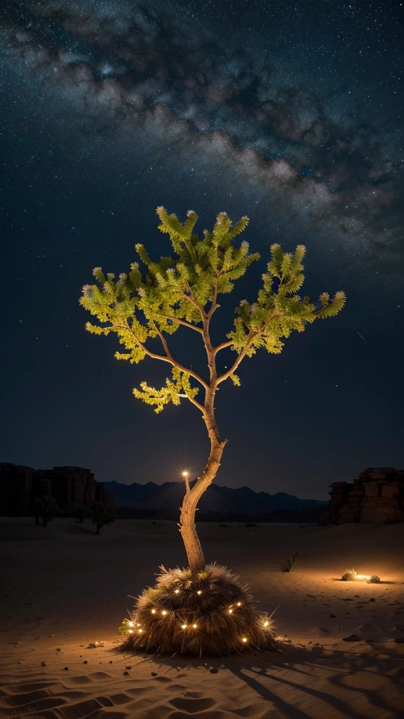 In the desert, a myrrh plant grows with special beauty under the starry night sky, highly detailed Ultra Realistic Full HD 8k landscape