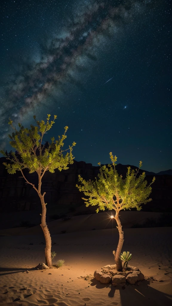 In the desert, a myrrh plant grows with special beauty under the starry night sky, highly detailed Ultra Realistic Full HD 8k landscape