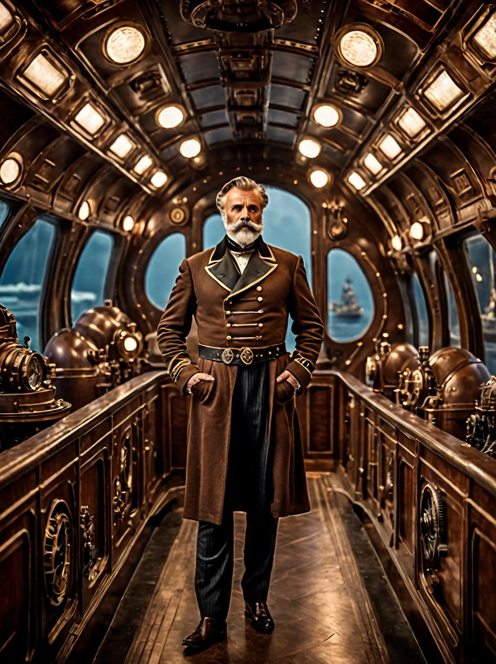 photo focus on male focus, indoors, realistic scenery, (captain nemo:1.1), standing on a bridge of steampunk spaceship, crew in background, highly detailed, high budget Hollywood movie, cinemascope, moody, epic, gorgeous, film grain, grainy