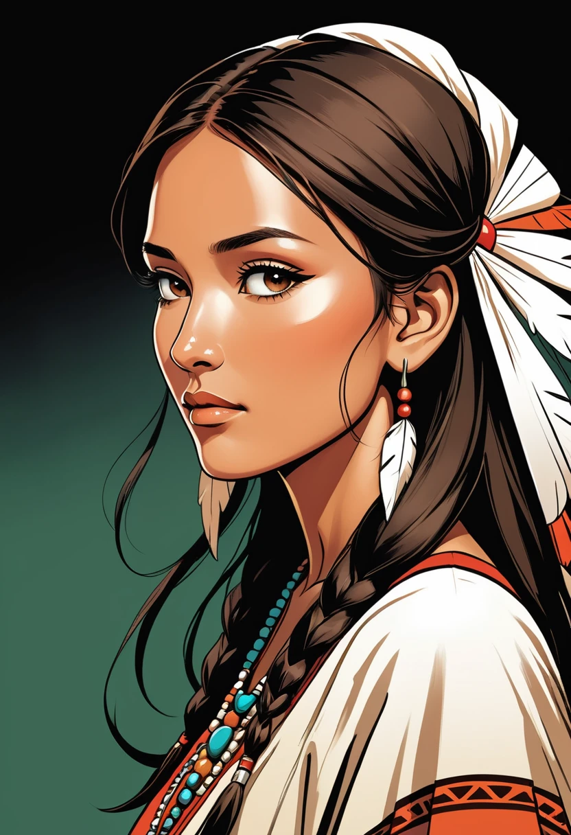 elegant, sage, beautiful native, brown, woman, looking sideway, with a native nose. traditional clothes, graphic novel illustration, high contrast
