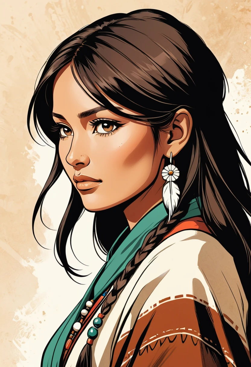 elegant, sage, beautiful native, brown, woman, looking sideway, with a native nose. traditional clothes, graphic novel illustration, high contrast
