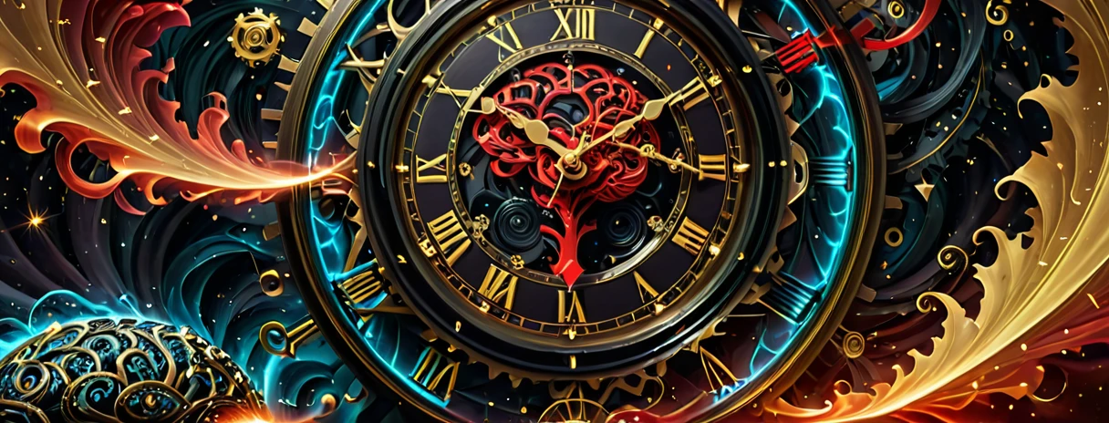 A high-resolution image black, red and golden color. featuring a detailed clock intertwined with elements symbolizing time and the brain. The clock’s gears and hands are intricately designed, partially merging with a human brain, where neurons are visibly firing. Surrounding the clock and brain are books, floating in mid-air, their pages turning as if moved by an unseen force. Energy particles, glowing softly, swirl around the scene, adding a touch of magic. The background is an ethereal, soft-lit space, enhancing the mystical and intellectual atmosphere.