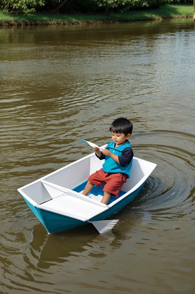 A 4-year-old boy playing with a paper boat on the river bank 