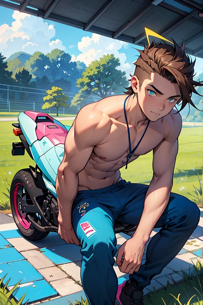 an 18 year old male. Spiky dark brown hair, blue eyes with star-shaped pupils, only wearing blue underwear, with two yellow lines, one on each side, running from shoulder to waist. sitting on the grass. With pink and blue crystals in the landscape. cyan color grass