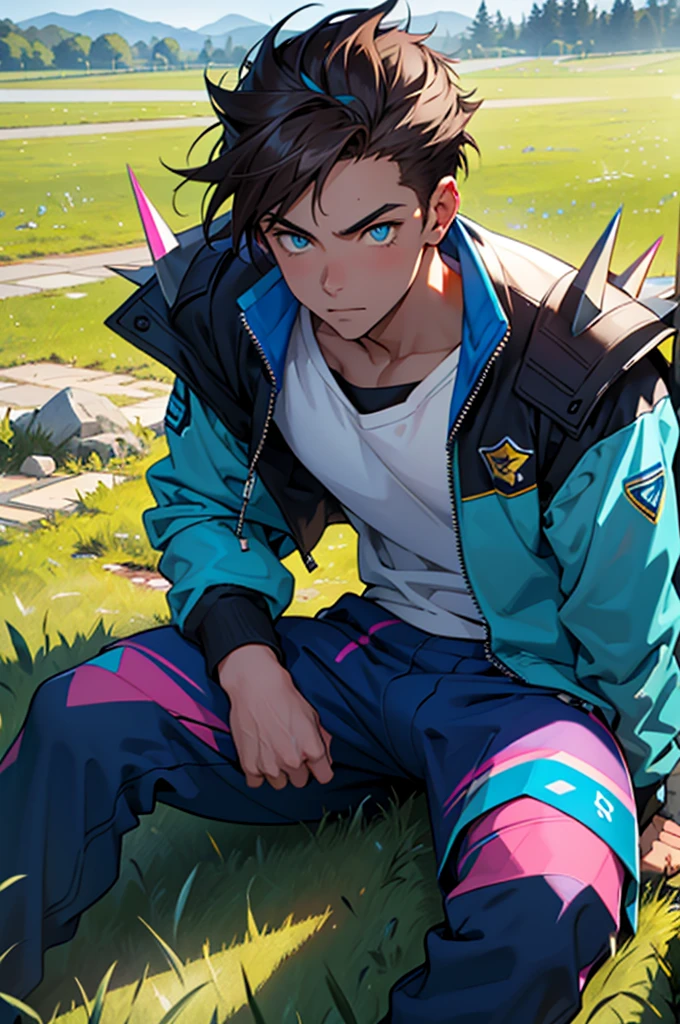 an 18 year old male.  Spiky dark brown hair, blue eyes with star-shaped pupils, only wearing blue underwear, with two yellow lines, one on each side, running from shoulder to waist.  sitting on the grass.  With pink and blue crystals in the landscape.  cyan color grass