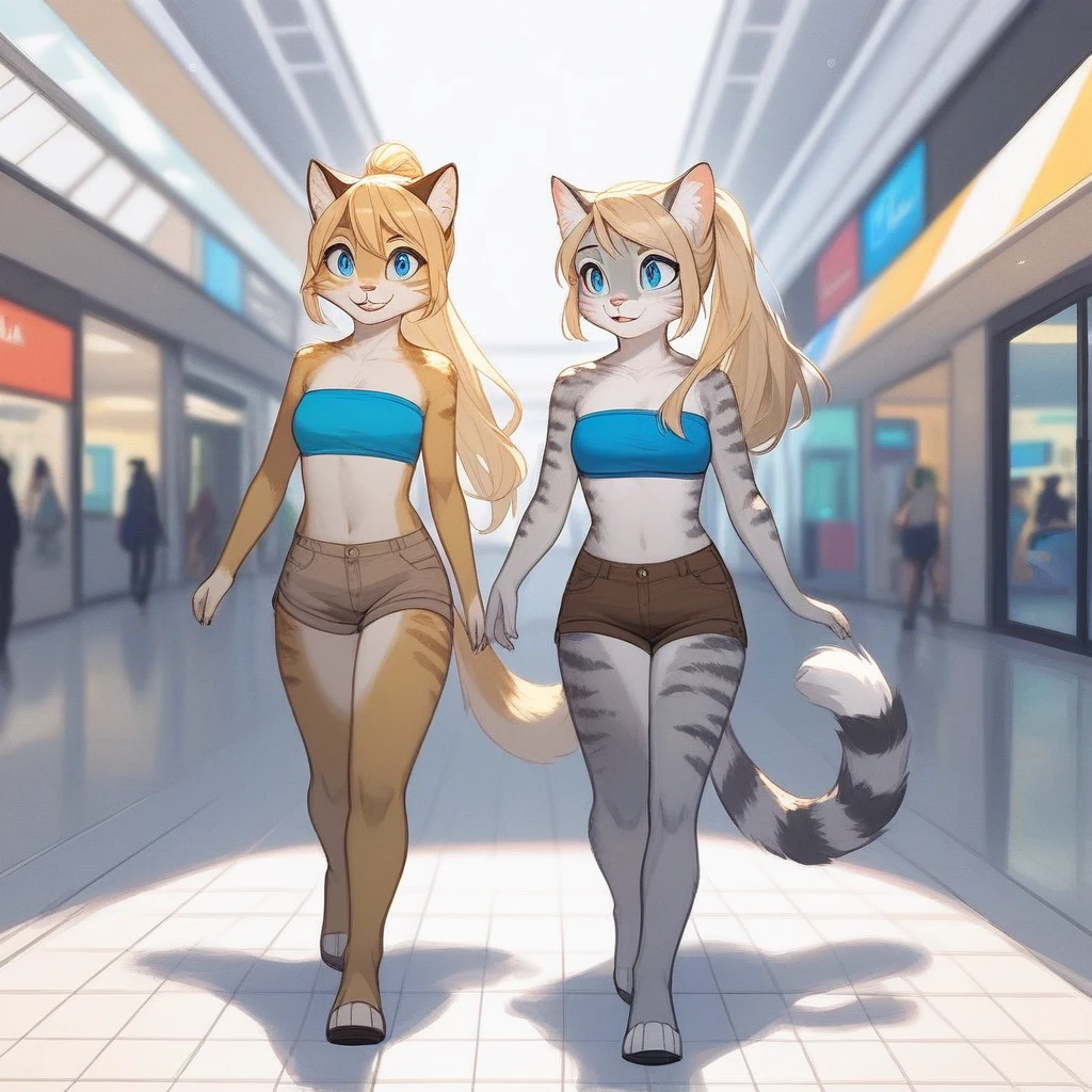 Duo, score_9, score_8_up, score_7_up (anthro furry feline, Kat, silver furry body, blonde hair, hair in ponytail blue eyes, long blonde hair, white background, wearing blue bandeau, brown short shorts), walking, outdoors at a strip mall, she is walking with an anthro furry male