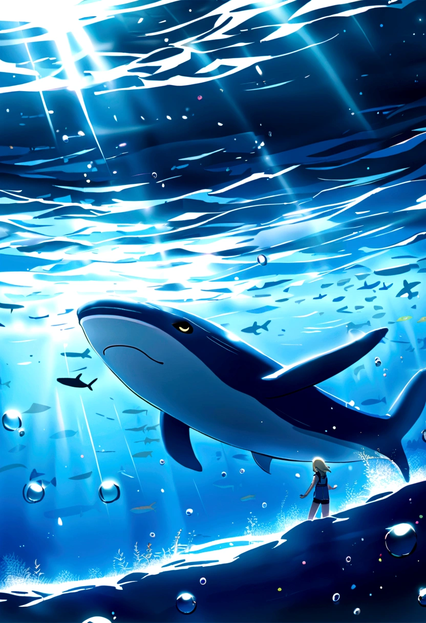 figure：A girl in white swims with a whale at the bottom of the ocean，The whale jumped out, Bubbles around the water surface rise slowly，Oblique sunlight, Prime Time,