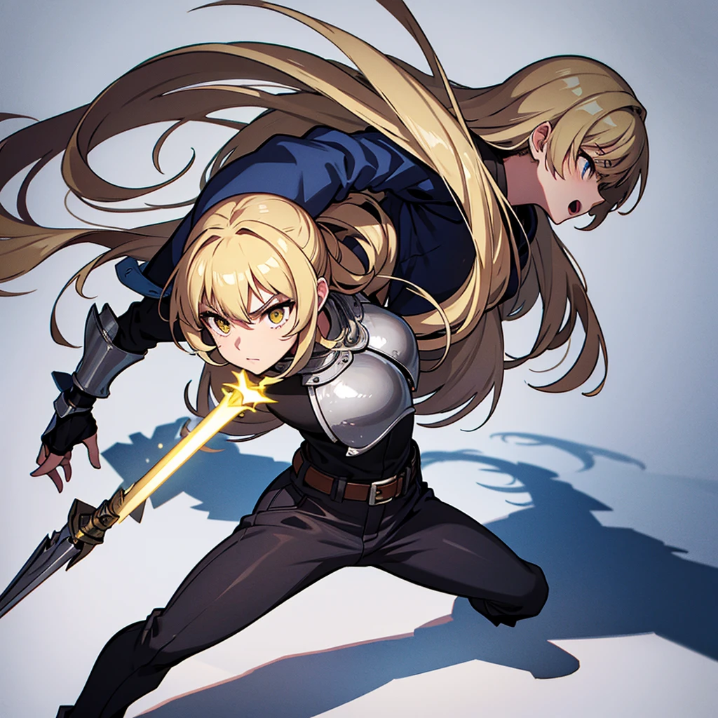 (((Solo)))、Highest quality, Best Quality、(((Gray simple armor、Black trousers))、(woman、18-year-old)、(Blonde、Long Hair)、Grab the sword、(Simple Background)、(Fighting stance, battle)、Dramatic Angle、(Blue and yellow aura)、From above