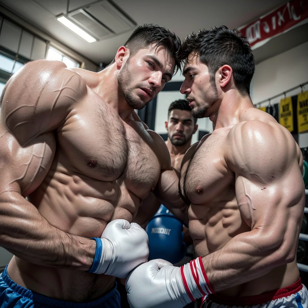 hairy Italian daddy muscle boxier with a strong chest and colossal arms and biceps, he wear a oversize white boxing gloves, laces and tapped. fighting with his adult son in a close fight, he is teaching to boxing in a small boxing gym with large mirrors where they reflect. They both look tired and sweaty. both are muscular, hairy and stronger. they are huge and be hug, sweat over his bodies