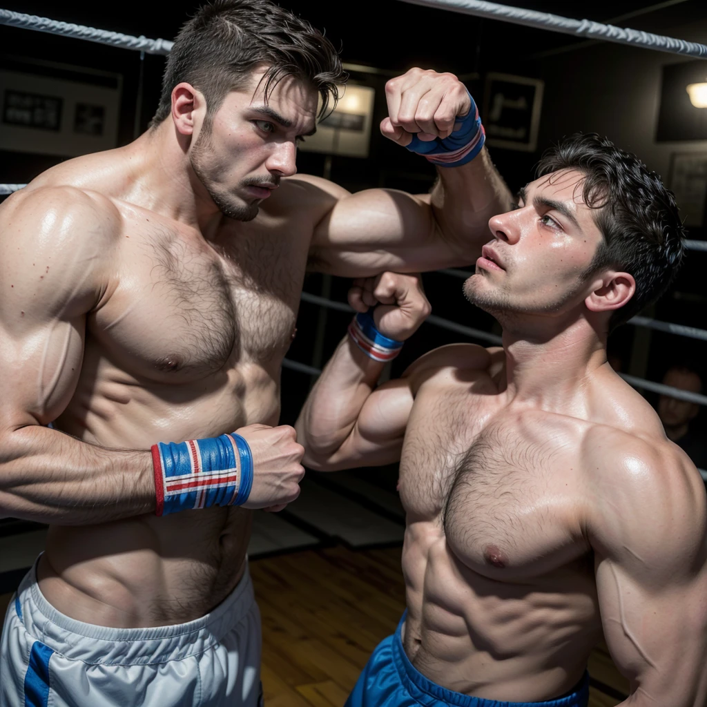 hairy Italian daddy muscle boxier with a strong chest and colossal arms and biceps, he wear a oversize white boxing gloves, laces and tapped. fighting with his adult son in a close fight, he is teaching to boxing in a small boxing gym with large mirrors where they reflect. They both look tired and sweaty. both are muscular, hairy and stronger. they are huge and be hug, sweat over his bodies