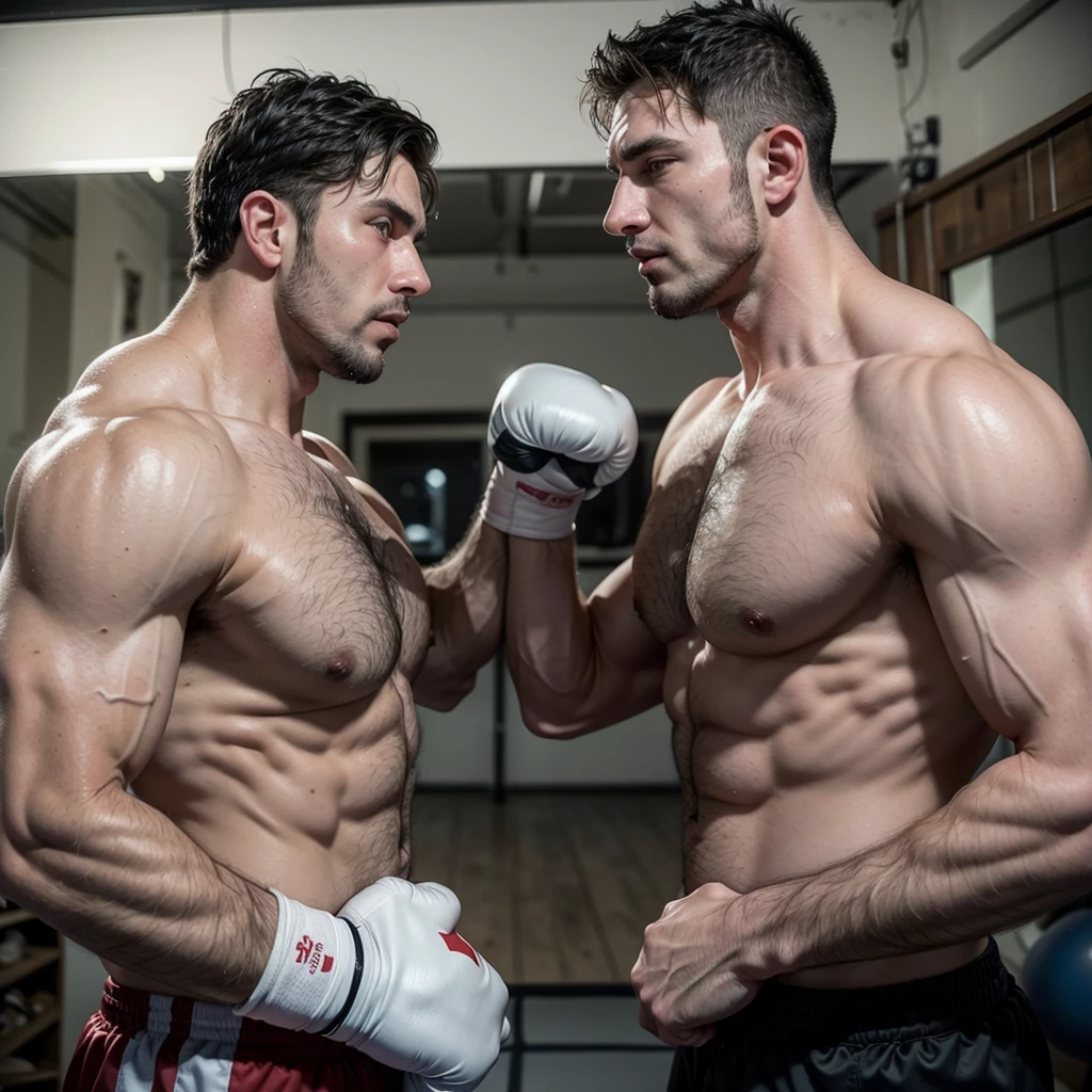 hairy Italian daddy muscle boxier with a strong chest and colossal arms and biceps, he wear a oversize white boxing gloves, laces and tapped. fighting with his adult son  in a close fight, he is teaching to boxing in a small boxing gym with large mirrors where they reflect. They both look tired and sweaty. both are muscular, hairy and stronger. they are huge and be hug, sweat over his bodies