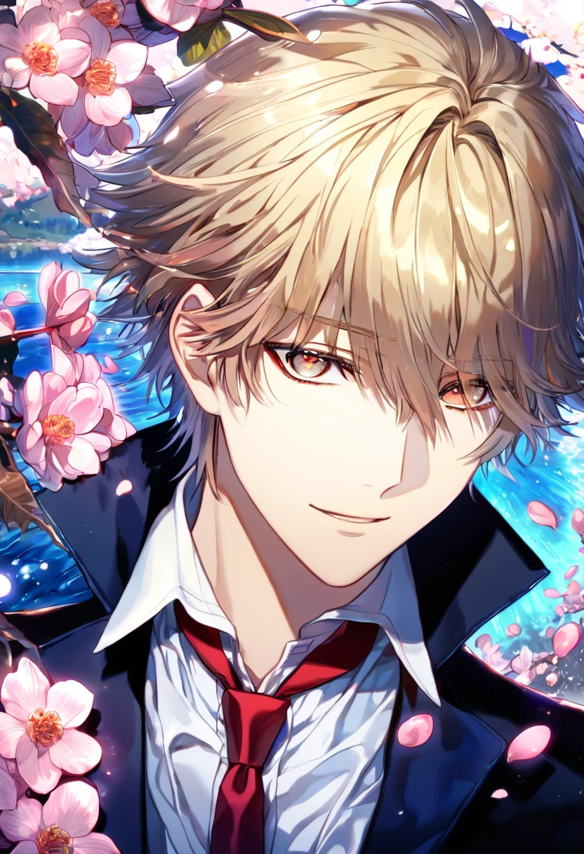 Ultra detailed, highres, absurdres, HDR, master piece, Kusanagi Izumo, short hair, dark blonde hair that has bangs hanging on the left side, expressive hazel eyes, black jacket, white shirt, red necktie, K Project, fantasy, pink petals, water, pink flowers, handsome, sexy man, solo, magical, best quality, blossoms, handsome smile, blue shining fireflies